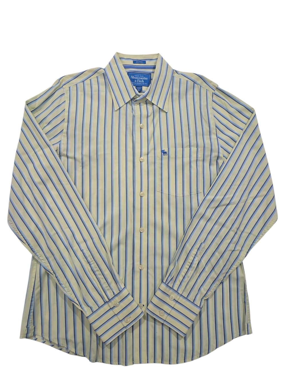 Abercrombie & Fitch Muscle Men's Yellow/ Blue Striped Button-Up Shirt Sz XL
